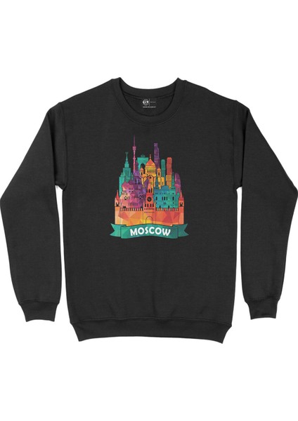 Renkli Moskova Illüstrasyon Siyah Sweatshirt