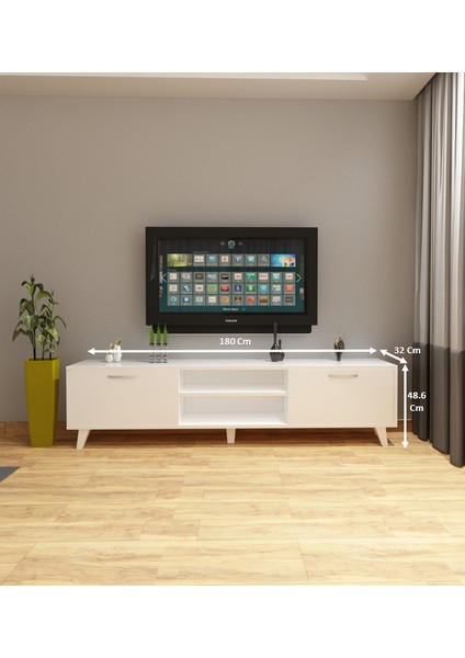 Dekormer Design Tv Ünitesi Sehpası Beyaz Dolaplı 180 cm