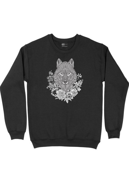 Kurt Çiçekli Mandala Siyah Sweatshirt