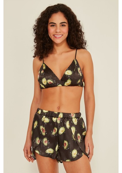 075 Kadın Saten Desenli Sütyen Şort Takım K-09