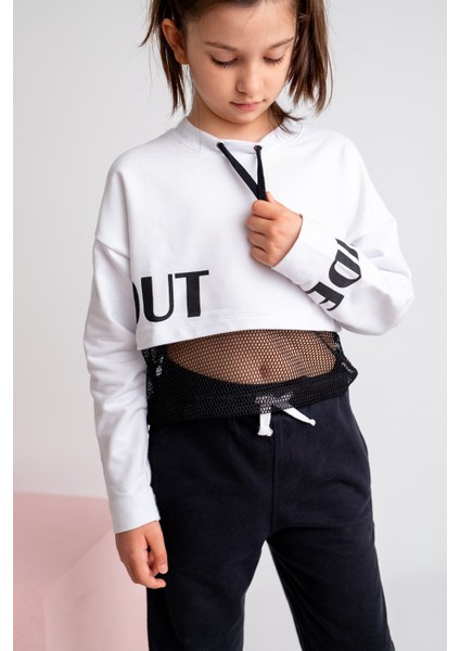 Kız Çocuk Go Play Fileli Crop Beyaz Sweatshirt (4-12YAŞ)