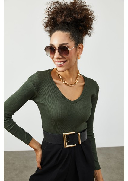 Haki V Yaka Kaşkorse Bluz 2KXK2-45451-09