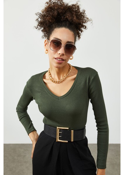 Haki V Yaka Kaşkorse Bluz 2KXK2-45451-09 fırsatları