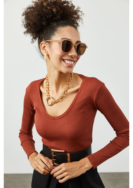 Kiremit V Yaka Kaşkorse Bluz 2KXK2-45451-16