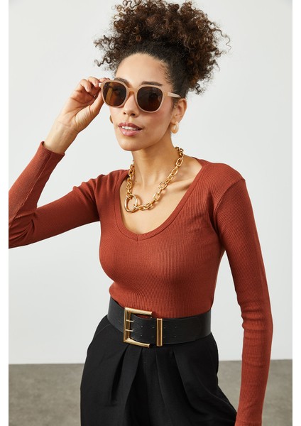 Kiremit V Yaka Kaşkorse Bluz 2KXK2-45451-16 modelleri