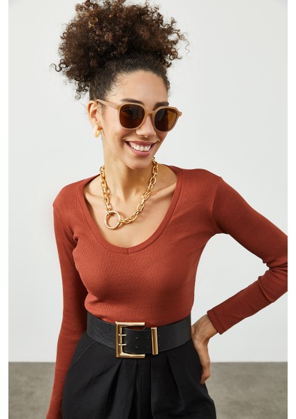 Kiremit V Yaka Kaşkorse Bluz 2KXK2-45451-16 fırsatları