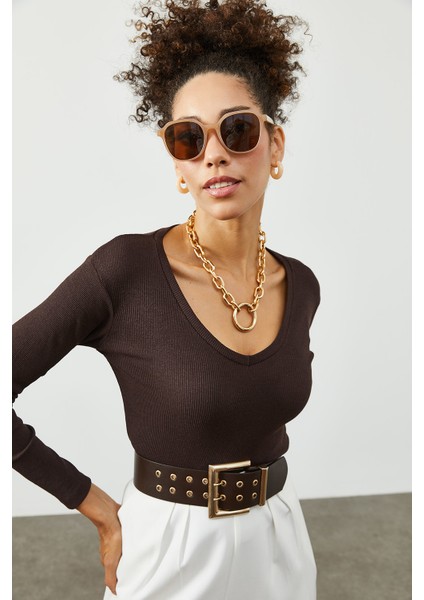 Kahverengi V Yaka Kaşkorse Bluz 2KXK2-45451-18