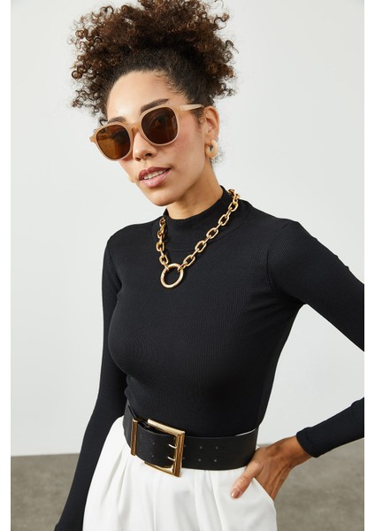 Siyah Yarım Balıkçı Yaka Kaşkorse Bluz 2KXK2-45453-02