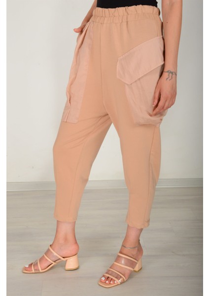 Kadın Bej Beli Lastikli Büyük Cepli Pantolon 25585