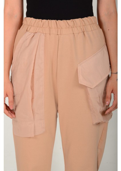 Kadın Bej Beli Lastikli Büyük Cepli Pantolon 25585 indirimleri