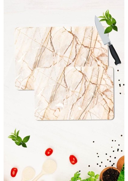 2'li Takım 30 x 40 cm ve 20 x 30 cm Kırmızı Taş Desenli Cam Kesim Tablası ve Ocak Koruma