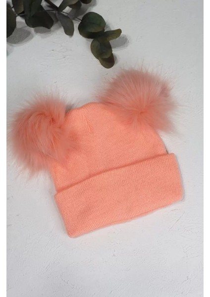 Somon Renkli ve Ponponlu Bebek Triko Bere