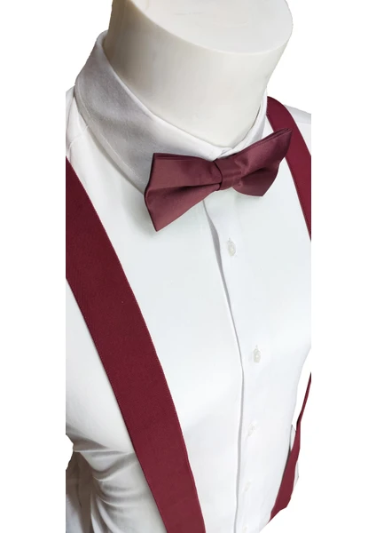 Elegante Cravatte Bordo Renk Pantolon Askısı ve Papyon Seti