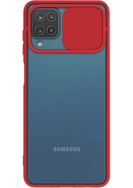 Samsung Galaxy A12 Kapak Lensi Açılır Kapanır Kamera Korumalı Silikon Kılıf - Kırmızı