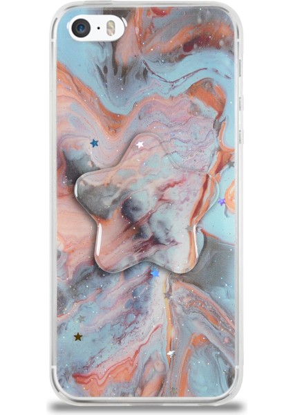 Apple iPhone 5s Kapak Mermer Desenli Pop Socketli Silikon Kılıf - Mercan