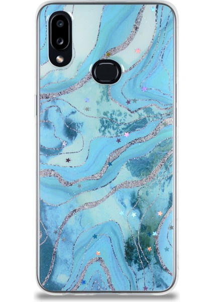 Samsung Galaxy A10S Kapak Mermer Desenli Pop Socketli Silikon Kılıf - Mavi
