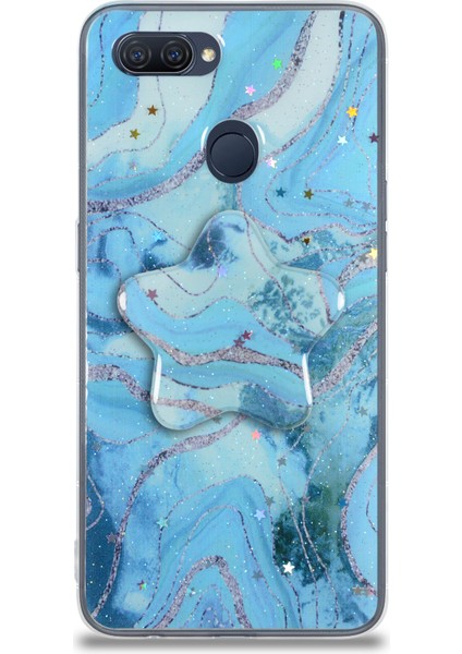 Oppo A12 Kapak Mermer Desenli Pop Socketli Silikon Kılıf - Mavi