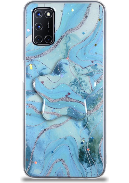 Caseart Oppo A72 Kapak Mermer Desenli Pop Socketli Silikon Kılıf - Mavi