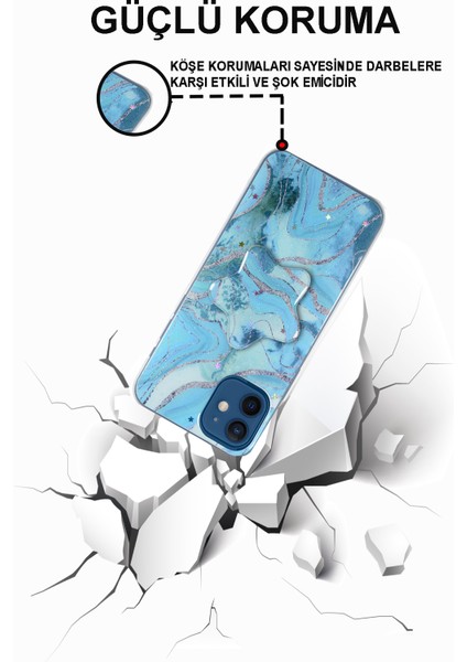 Caseart Oppo A72 Kapak Mermer Desenli Pop Socketli Silikon Kılıf - Mavi