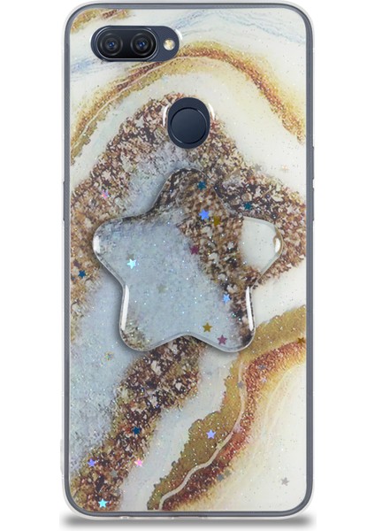 Oppo A5S Kapak Mermer Desenli Pop Socketli Silikon Kılıf - Gold