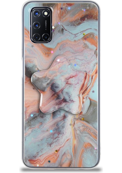 Oppo A72 Kapak Mermer Desenli Pop Socketli Silikon Kılıf - Mercan