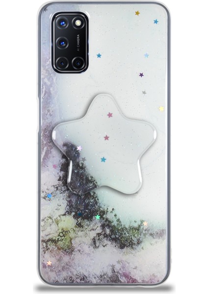 Oppo A92 Kapak Mermer Desenli Pop Socketli Silikon Kılıf - Beyaz