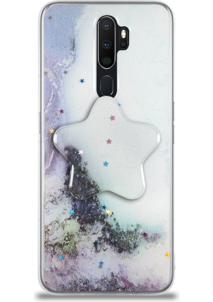 Oppo A5 2020 Kapak Mermer Desenli Pop Socketli Silikon Kılıf - Beyaz