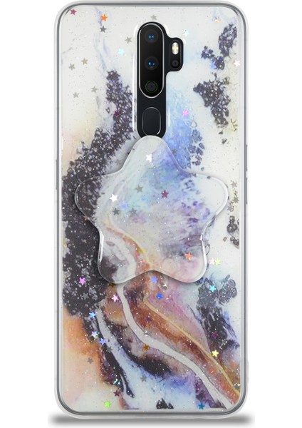 Oppo A5 2020 Kapak Mermer Desenli Pop Socketli Silikon Kılıf - Mor