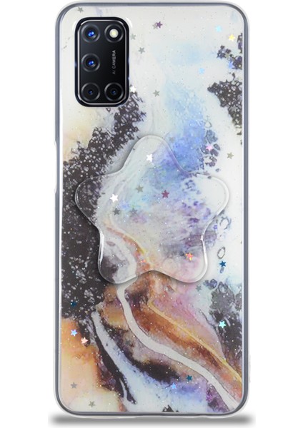 Oppo A52 Kapak Mermer Desenli Pop Socketli Silikon Kılıf - Mor