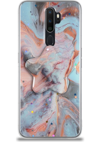 Oppo A9 2020 Kapak Mermer Desenli Pop Socketli Silikon Kılıf - Mercan