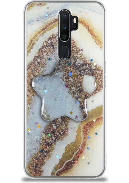 Oppo A5 2020 Kapak Mermer Desenli Pop Socketli Silikon Kılıf - Gold