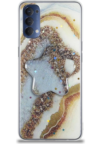 Oppo Reno 4 Kapak Mermer Desenli Pop Socketli Silikon Kılıf - Gold