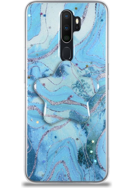 Oppo A5 2020 Kapak Mermer Desenli Pop Socketli Silikon Kılıf - Mavi