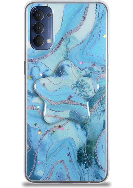 Oppo Reno 4 Kapak Mermer Desenli Pop Socketli Silikon Kılıf - Mavi