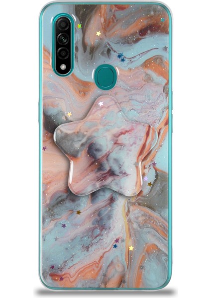 Oppo A31 Kapak Mermer Desenli Pop Socketli Silikon Kılıf - Mercan