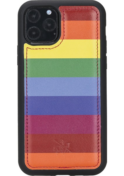 Apple iPhone 11 Pro Lucca Gökkuşağı Deri Arka Telefon Kılıfı