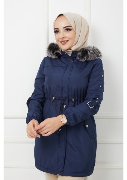 Lacivert Içi Kürkü ve Su Geçirmez Bayan Kışlık Mont & Kaban