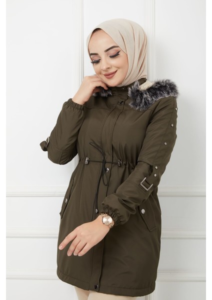 Haki Içi Kürkü ve Su Geçirmez Bayan Kışlık Mont & Kaban