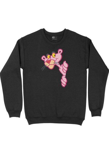 Meraklı Pembe Panter Siyah Sweatshirt