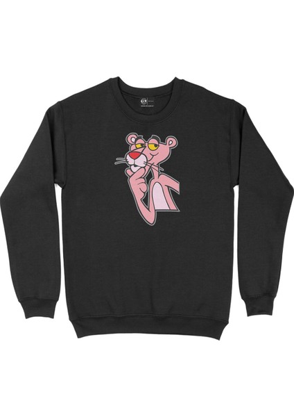 Düşünceli Pembe Panter Siyah Sweatshirt