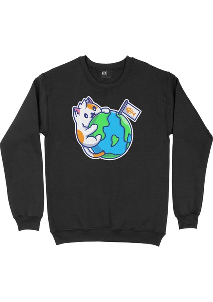 Dünya ve Kedi Siyah Sweatshirt