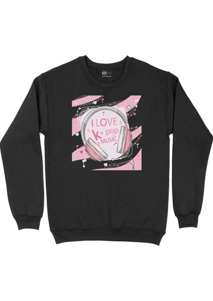 K-Pop Kulaklık Tasarımlı Siyah Sweatshirt