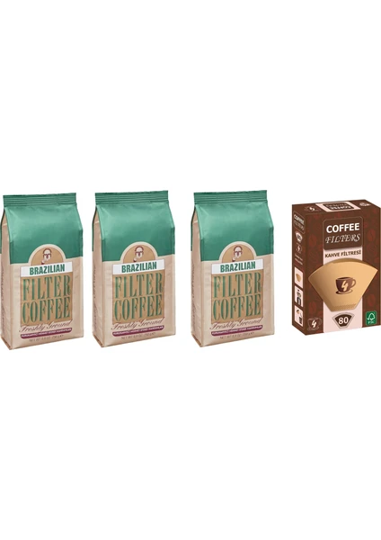 Kurukahveci Mehmet Efendi  Brazilian Filtre Kahve 250 gr X3 +Coffee Filters Kahve Kağıdı No:4