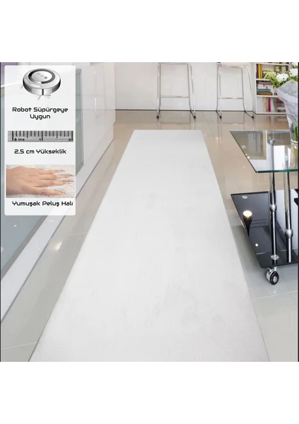 Yıkanabilir Post Peluş 100 x 200 cm 4004 Süt Beyaz Kaymaz Taban Kesme Yolluk Halı