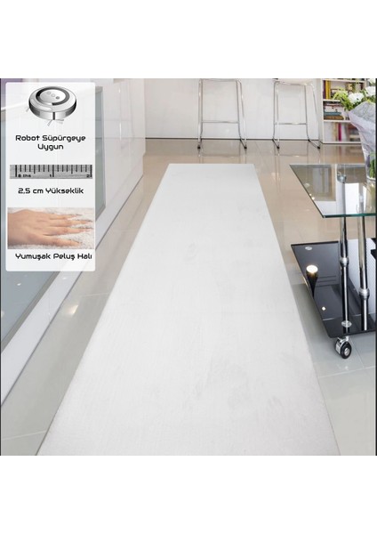 Yıkanabilir Post Peluş 120 x 350 cm 4004 Süt Beyaz Kaymaz Taban Kesme Yolluk Halı