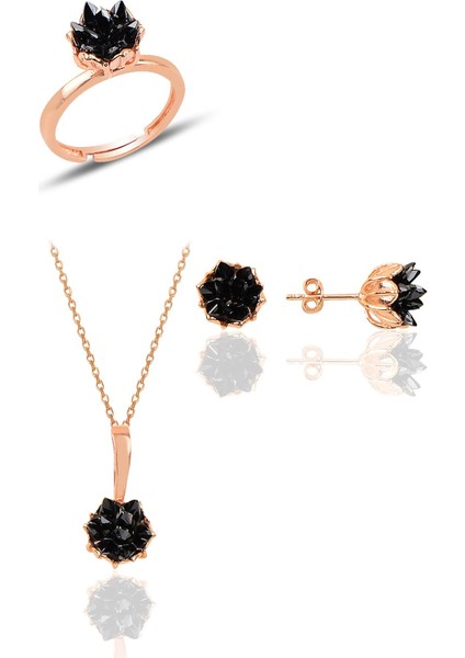 Gümüş Lotus Çiçeği Modeli Onix Renkli Taşlı Üçlü Set