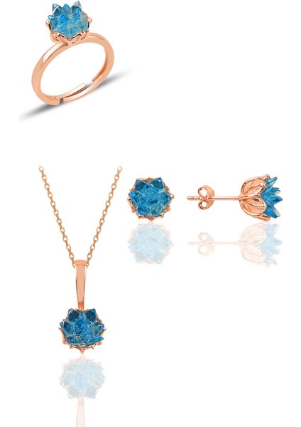 Gümüş Lotus Çiçeği Modeli Akuamarin Renkli Taşlı Üçlü Set