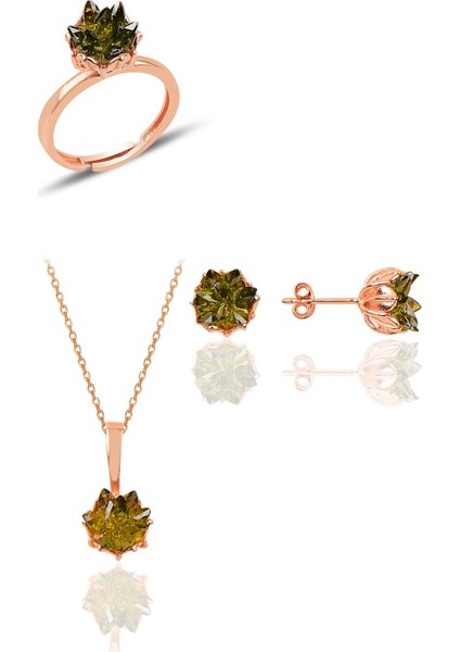 Gümüş Lotus Çiçeği Modeli Columbia Zümrüt Renkli Taşlı Üçlü Set