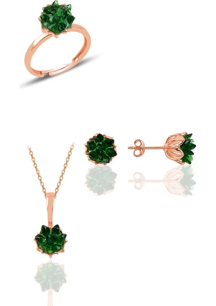 Gümüş Lotus Çiçeği Modeli Zümrüt Taş Renkli Üçlü Set