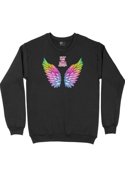 Hayallerine Uç Renkli Kanatlı Siyah Sweatshirt
